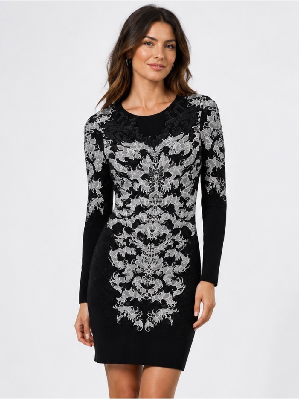 RVN Scorpio Lace Jaquard Bodycon Long Sleeve Dress Sz Medium Black White